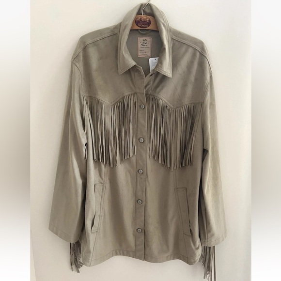 Free People We The Free Fringe Out Vegan Suede Smoked Green Jacket Size Large - Picture 8 of 13